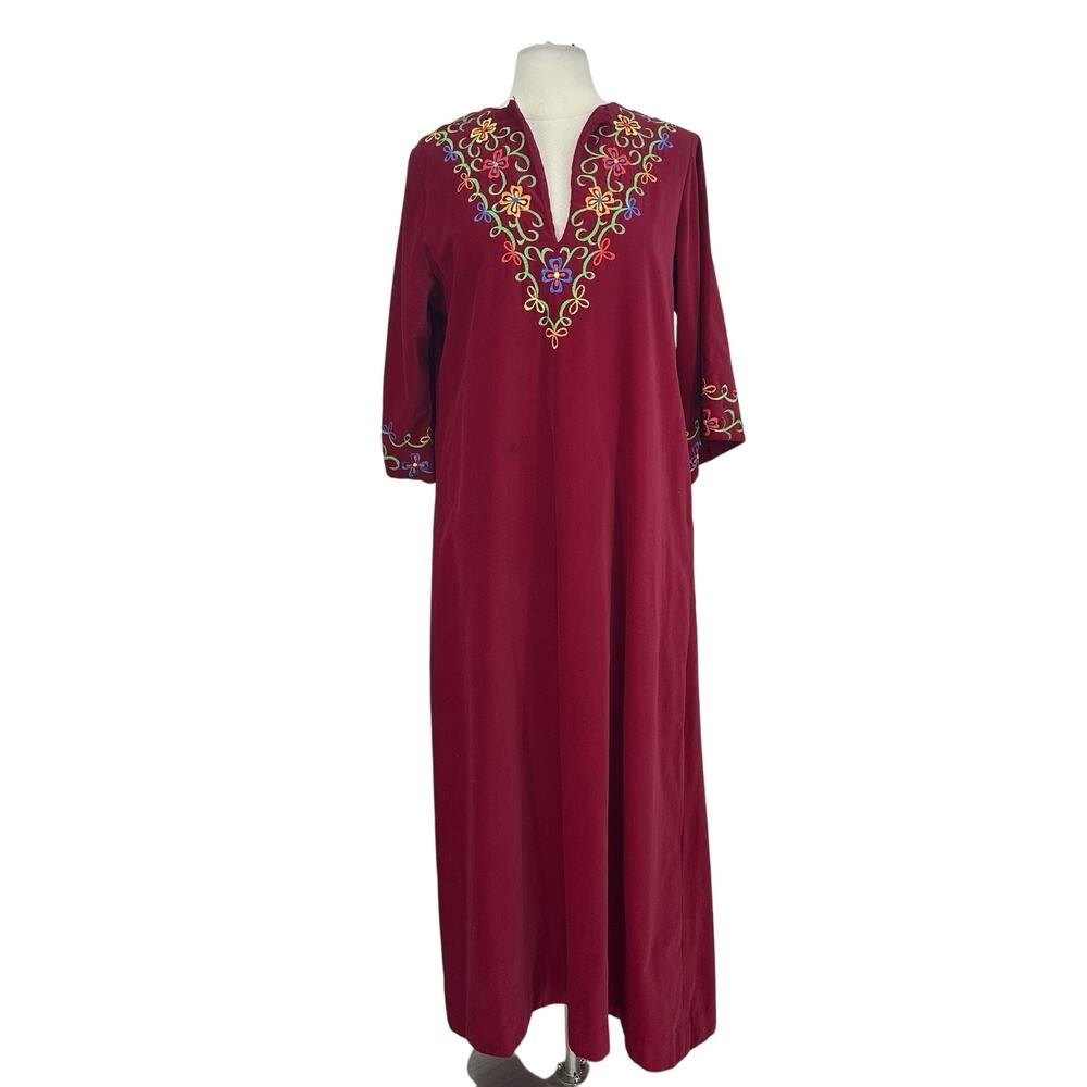Vintage 70s Bullocks Wilshire Velour Kaftan Dress Embroidered Size L Red Boho